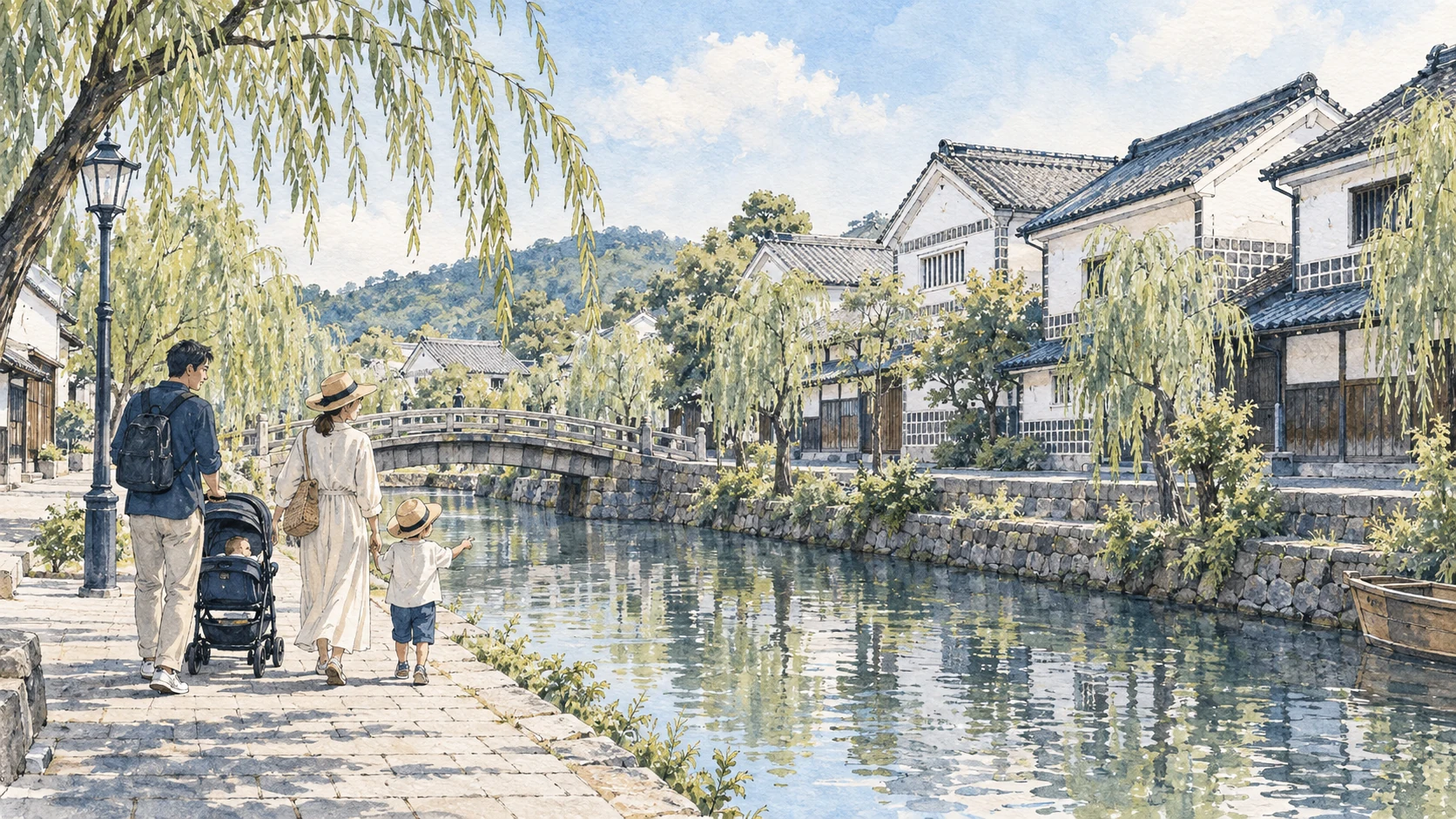倉敷を家族で歩く旅のイメージイラスト