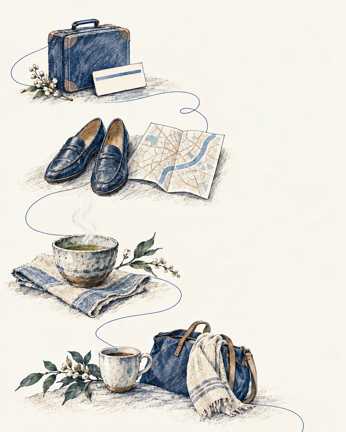 荷物を預け、街を歩き、お茶と朝のコーヒーを楽しむ旅の挿絵