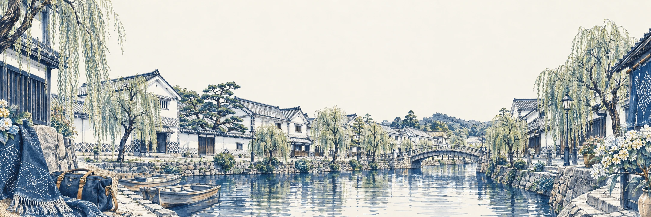 倉敷の街を描いた手描きの旅のイラスト